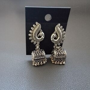 Oxidized Silver Peacock Earrings – Ancient Adornments with Temple Bell Drops